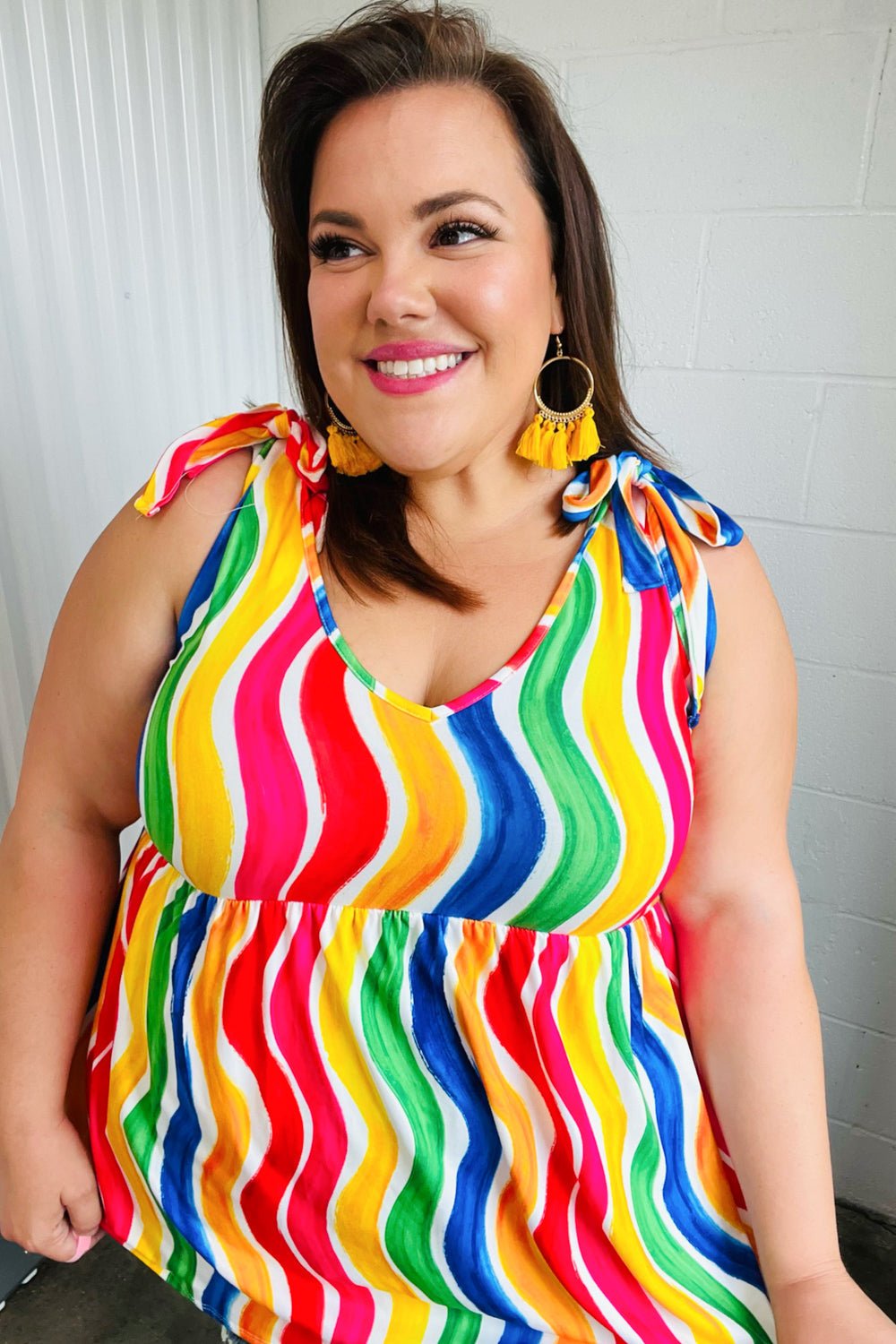 Multicolor Wavy Stripe Shoulder Tie Detail Top - Bitsy Gypsy Boutique