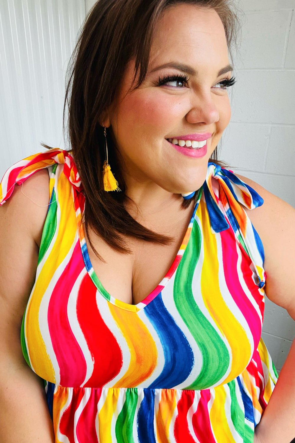Multicolor Wavy Stripe Shoulder Tie Detail Top - Bitsy Gypsy Boutique