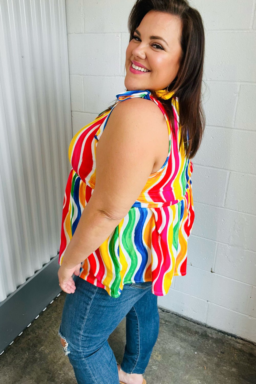 Multicolor Wavy Stripe Shoulder Tie Detail Top - Bitsy Gypsy Boutique