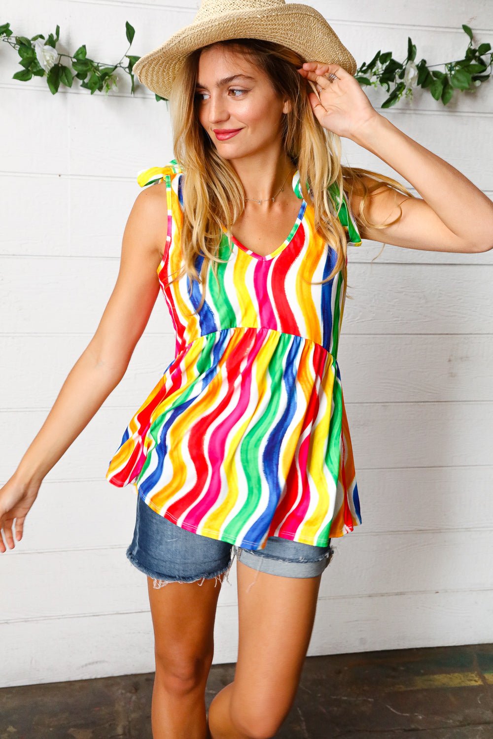 Multicolor Wavy Stripe Shoulder Tie Detail Top - Bitsy Gypsy Boutique