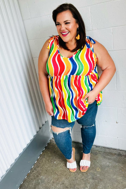 Multicolor Wavy Stripe Shoulder Tie Detail Top - Bitsy Gypsy Boutique