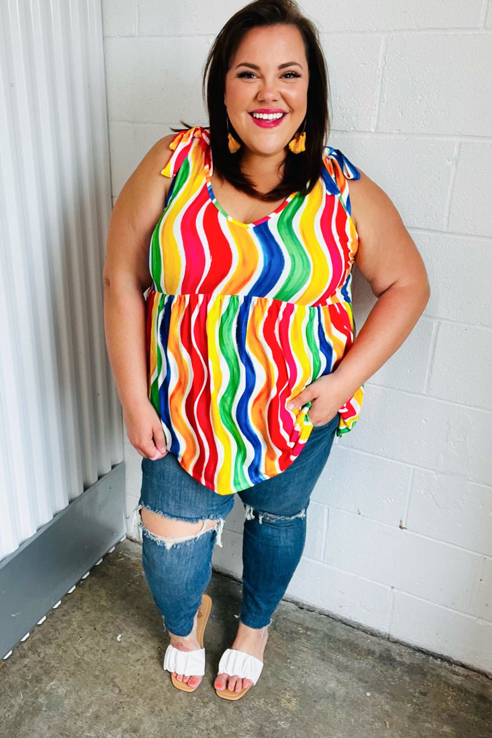 Multicolor Wavy Stripe Shoulder Tie Detail Top - Bitsy Gypsy Boutique