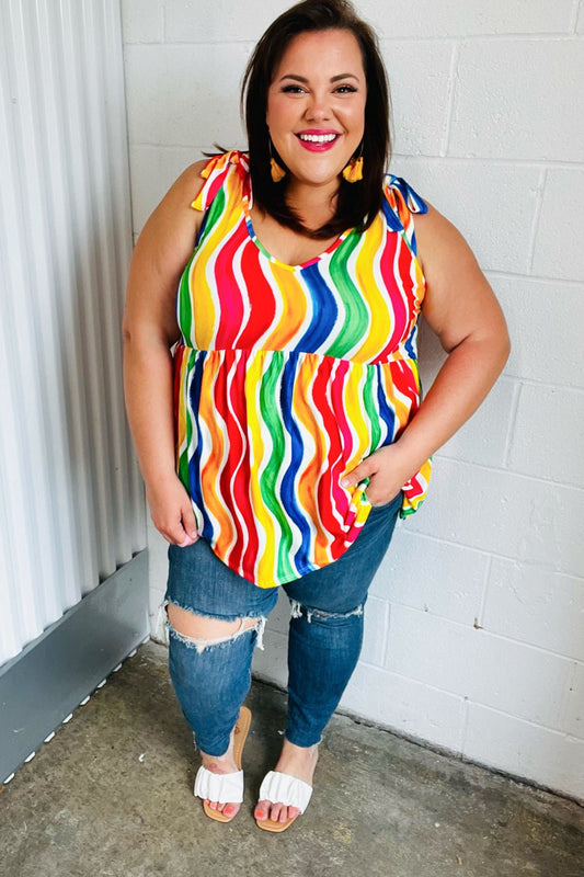 Multicolor Wavy Stripe Shoulder Tie Detail Top - Bitsy Gypsy Boutique