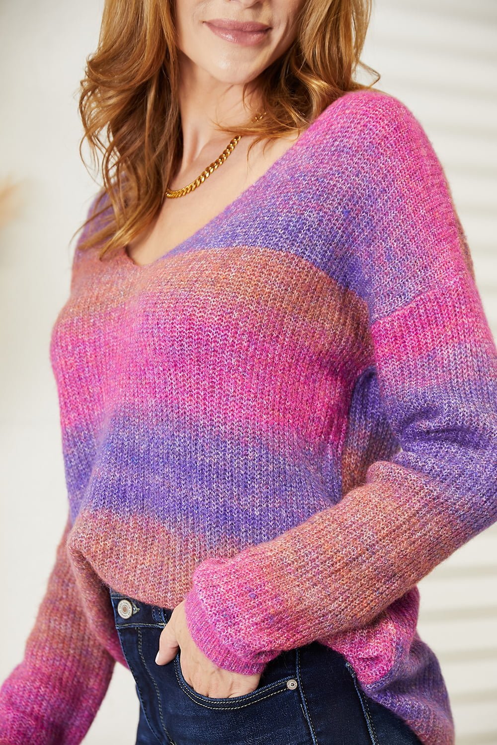 Multicolored Rib - Knit V - Neck Knit Pullover - Bitsy Gypsy Boutique