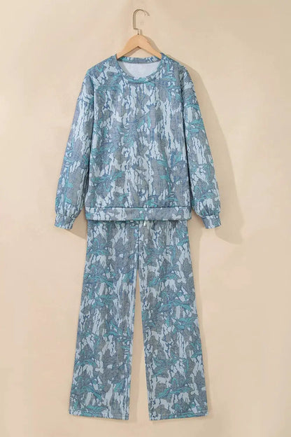 Multicolour Abstract Botanical Print Top and Drawstring Pants Set by Trendsi