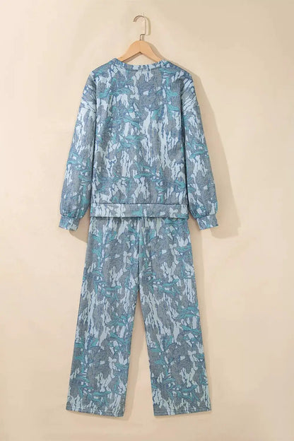 Multicolour Abstract Botanical Print Top and Drawstring Pants Set by Trendsi