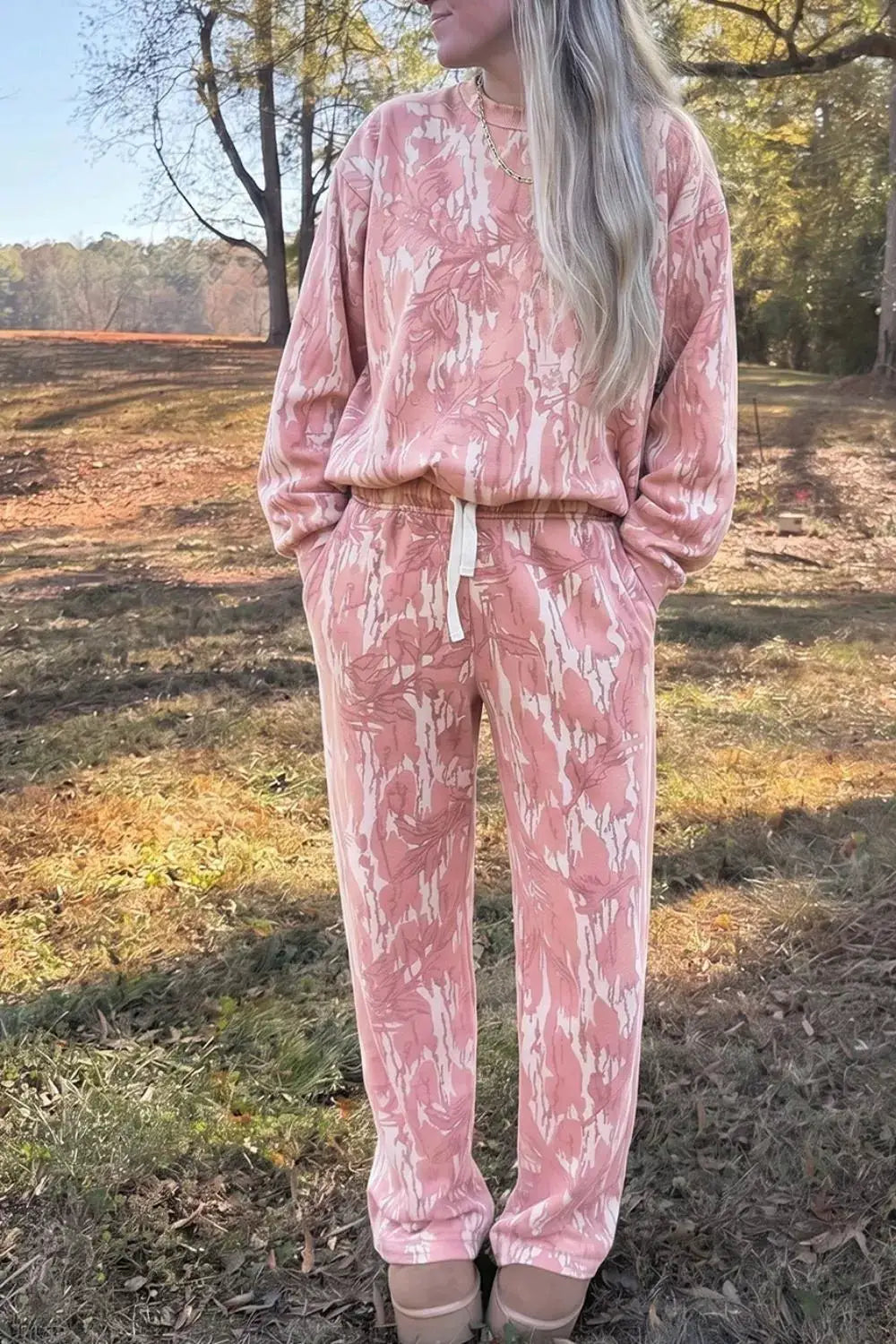 Multicolour Abstract Botanical Print Top and Drawstring Pants Set by Trendsi