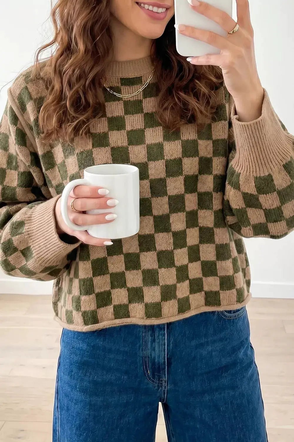 Multicolour Drop Shoulder Plaid Knit Long Sleeve Sweater - Bitsy Gypsy Boutique