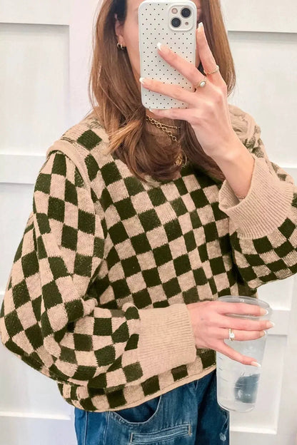 Multicolour Drop Shoulder Plaid Knit Long Sleeve Sweater - Bitsy Gypsy Boutique