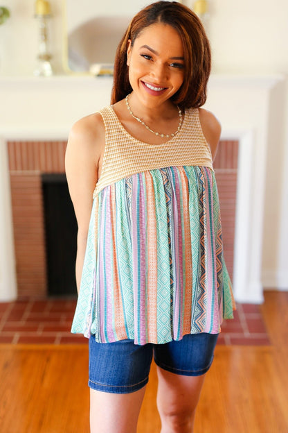 Mustard Two-Tone Boho Print Back Tie Tank - Bitsy Gypsy Boutique