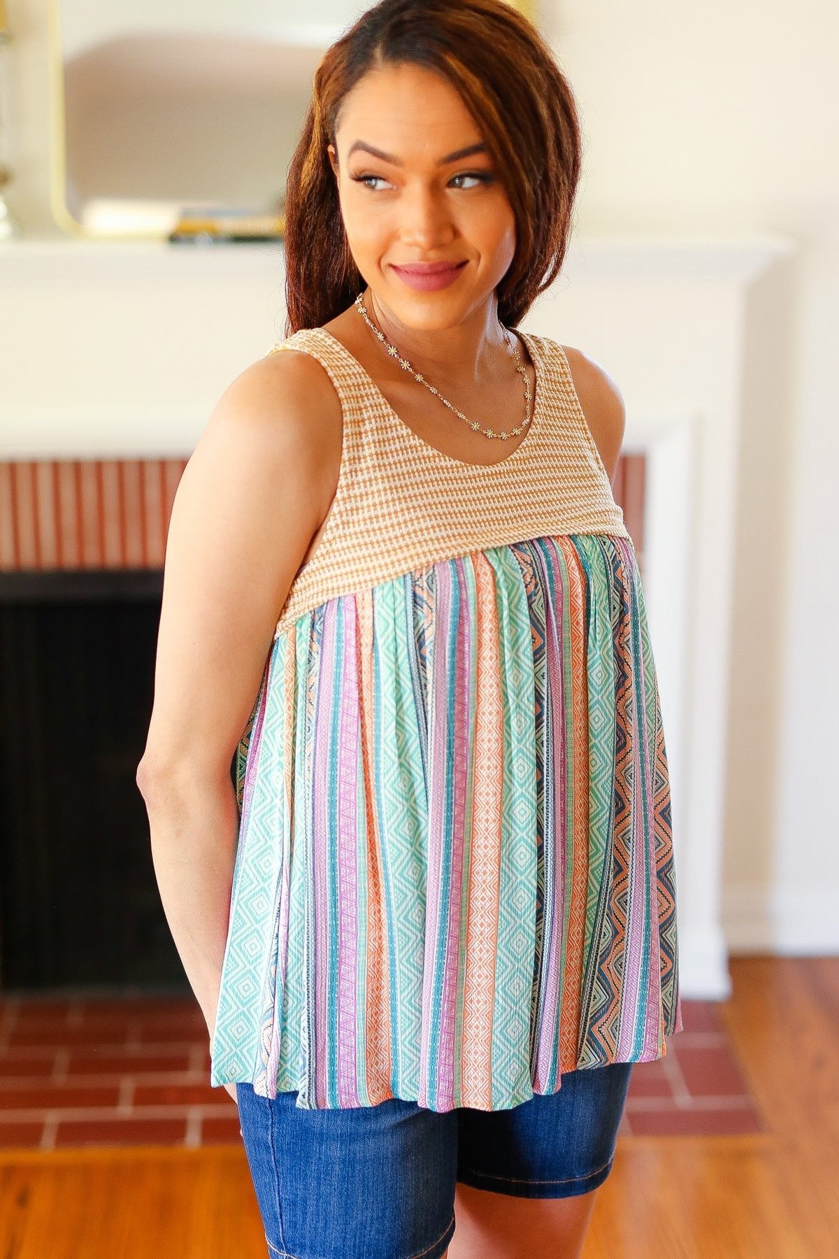 Mustard Two-Tone Boho Print Back Tie Tank - Bitsy Gypsy Boutique
