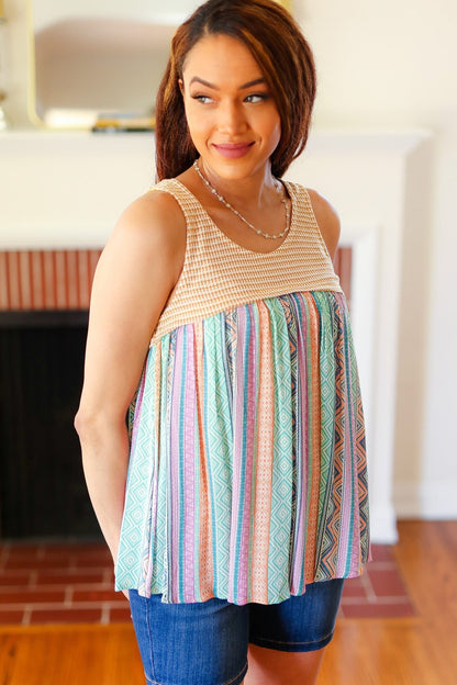 Mustard Two-Tone Boho Print Back Tie Tank - Bitsy Gypsy Boutique