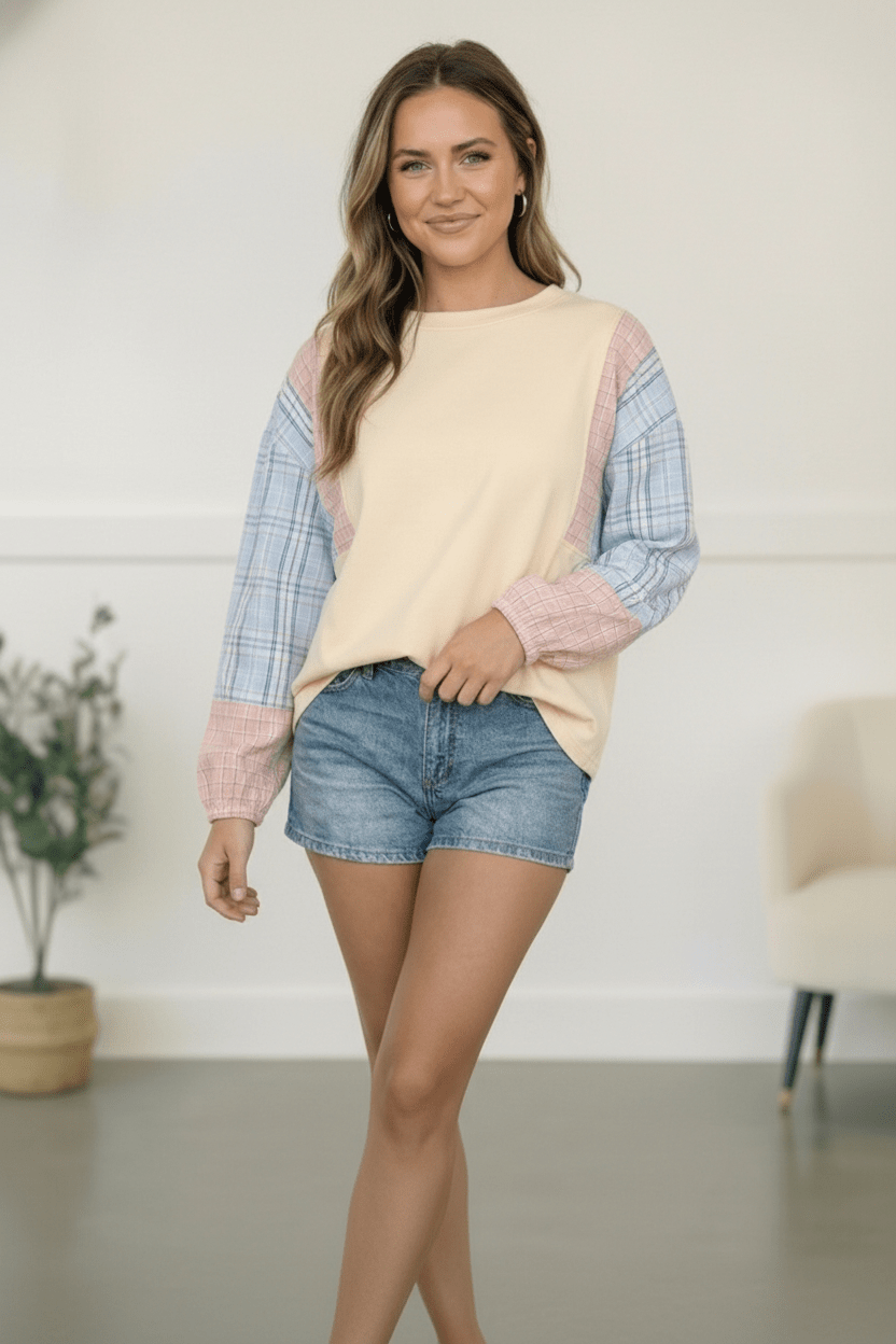 My Casual Cutie Oatmeal Patchwork Top - Bitsy Gypsy Boutique