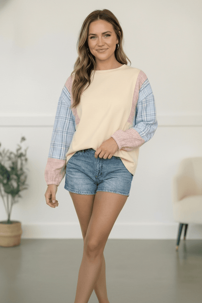 My Casual Cutie Oatmeal Patchwork Top - Bitsy Gypsy Boutique