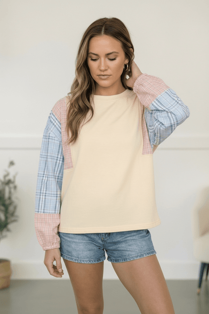 My Casual Cutie Oatmeal Patchwork Top - Bitsy Gypsy Boutique