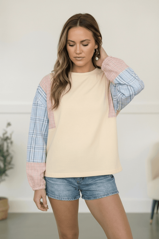 My Casual Cutie Oatmeal Patchwork Top - Bitsy Gypsy Boutique
