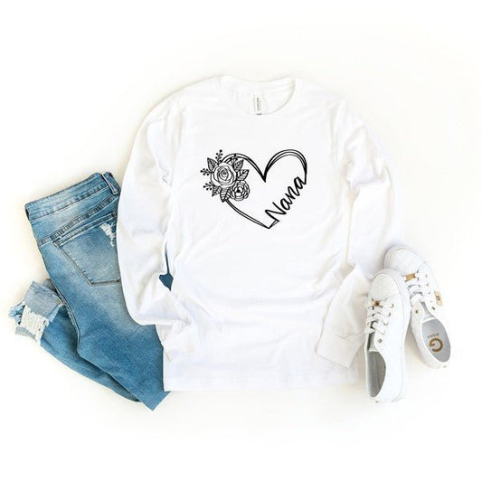 Nana Heart Outline Long Sleeve Graphic Tee - Bitsy Gypsy Boutique