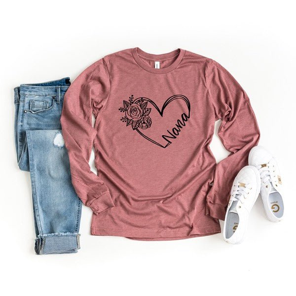 Nana Heart Outline Long Sleeve Graphic Tee - Bitsy Gypsy Boutique