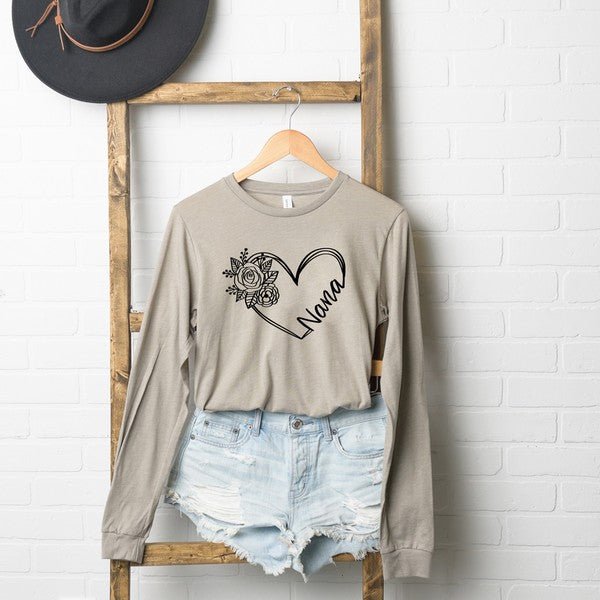 Nana Heart Outline Long Sleeve Graphic Tee - Bitsy Gypsy Boutique