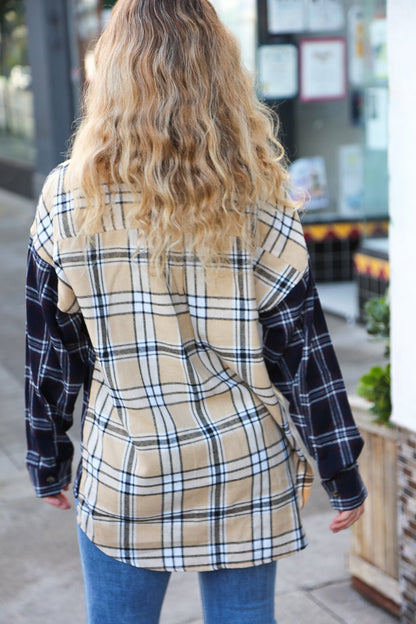 Navy & Beige Cotton Plaid Hi-Lo Shirt Top - Bitsy Gypsy Boutique