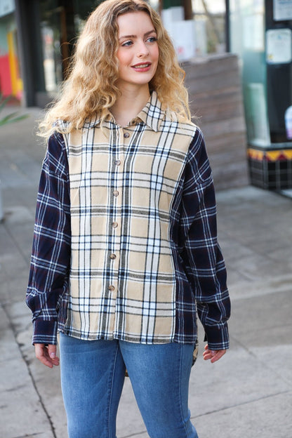 Navy & Beige Cotton Plaid Hi-Lo Shirt Top - Bitsy Gypsy Boutique