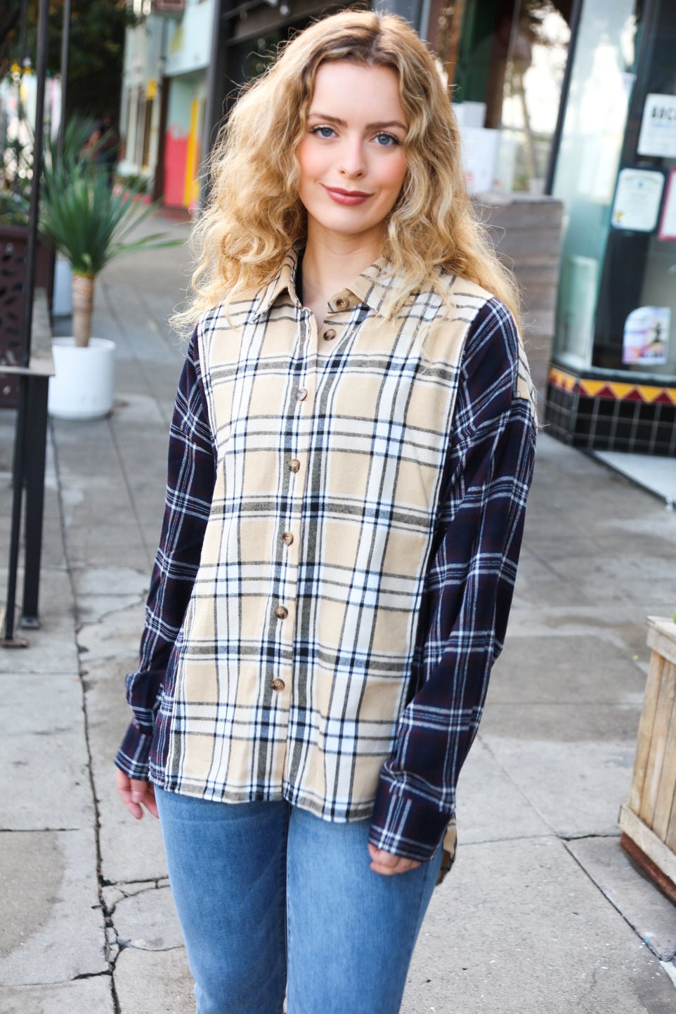 Navy & Beige Cotton Plaid Hi-Lo Shirt Top - Bitsy Gypsy Boutique