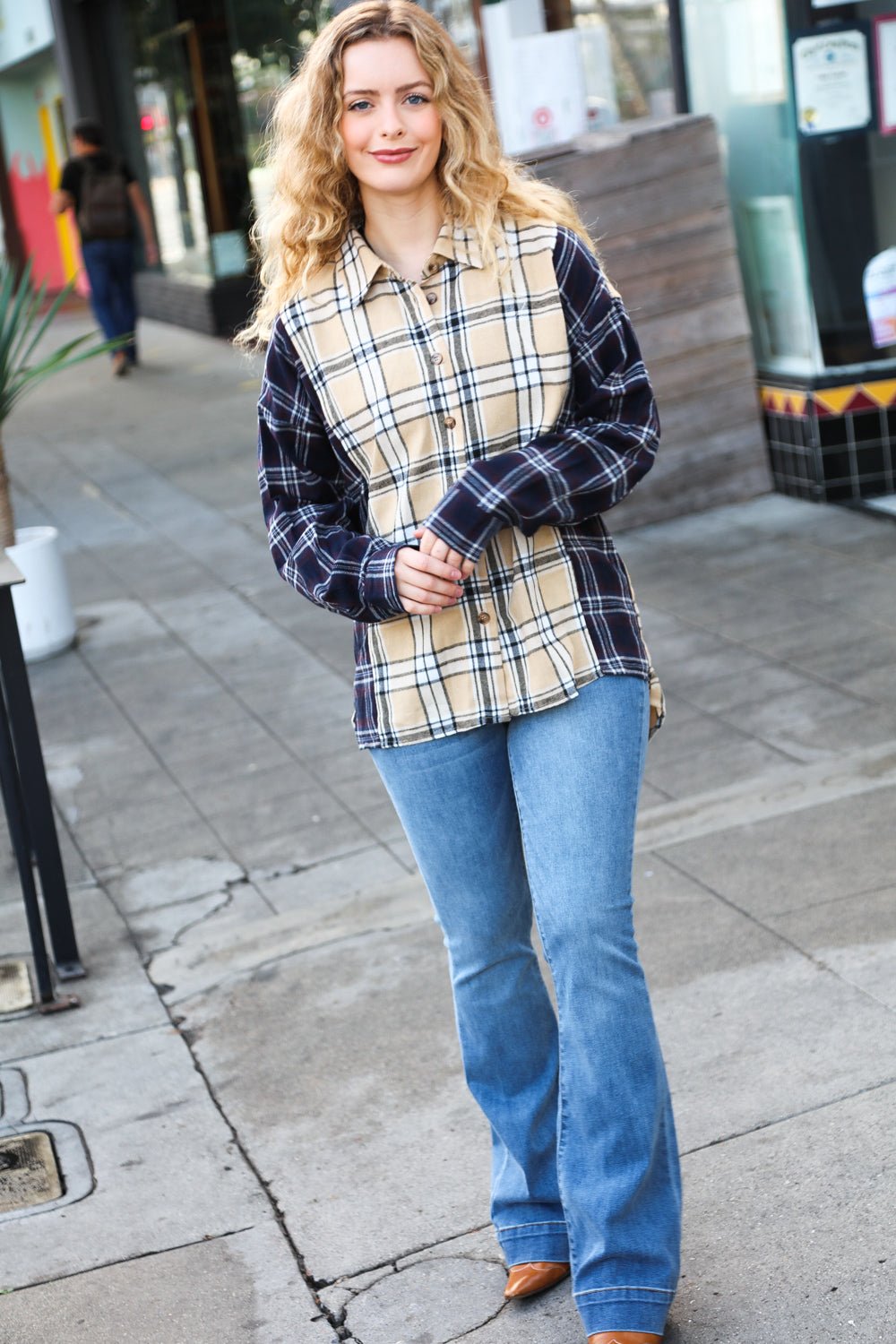 Navy & Beige Cotton Plaid Hi-Lo Shirt Top - Bitsy Gypsy Boutique