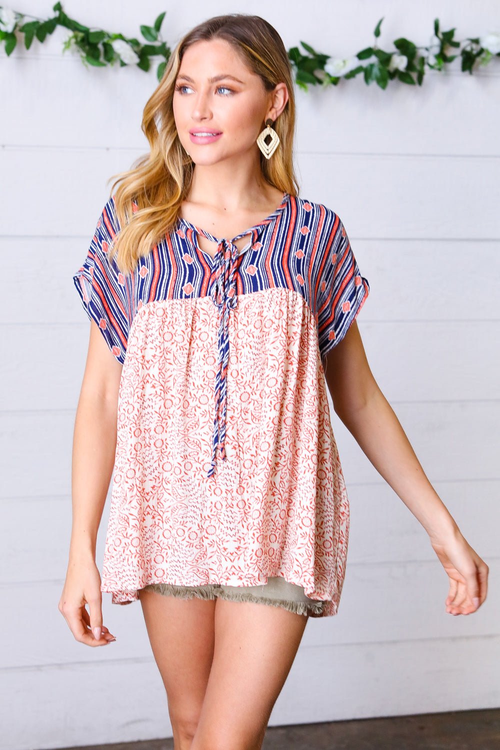 Navy & Coral Boho Tie Neck Dolman Top - Bitsy Gypsy Boutique