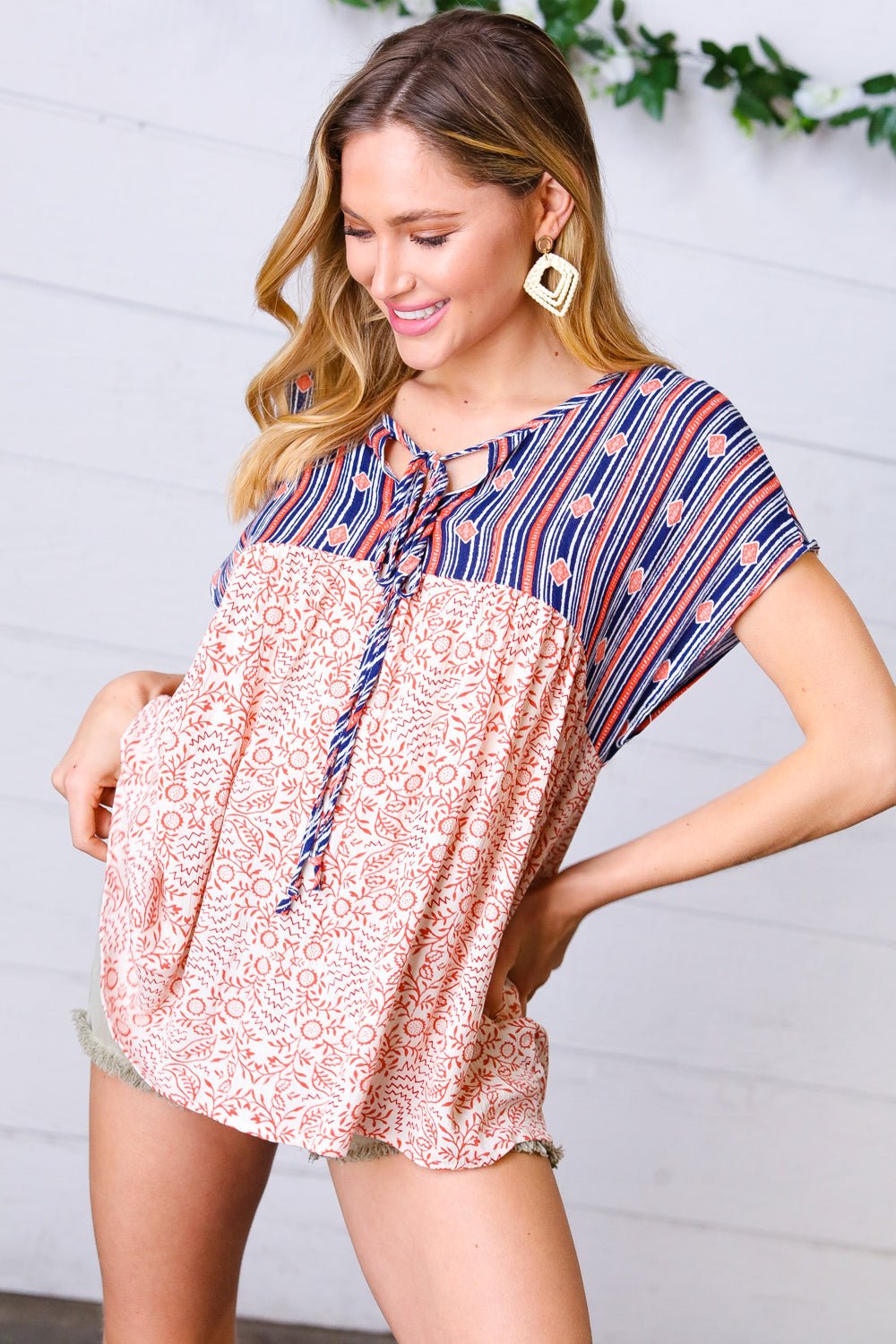 Navy & Coral Boho Tie Neck Dolman Top - Bitsy Gypsy Boutique