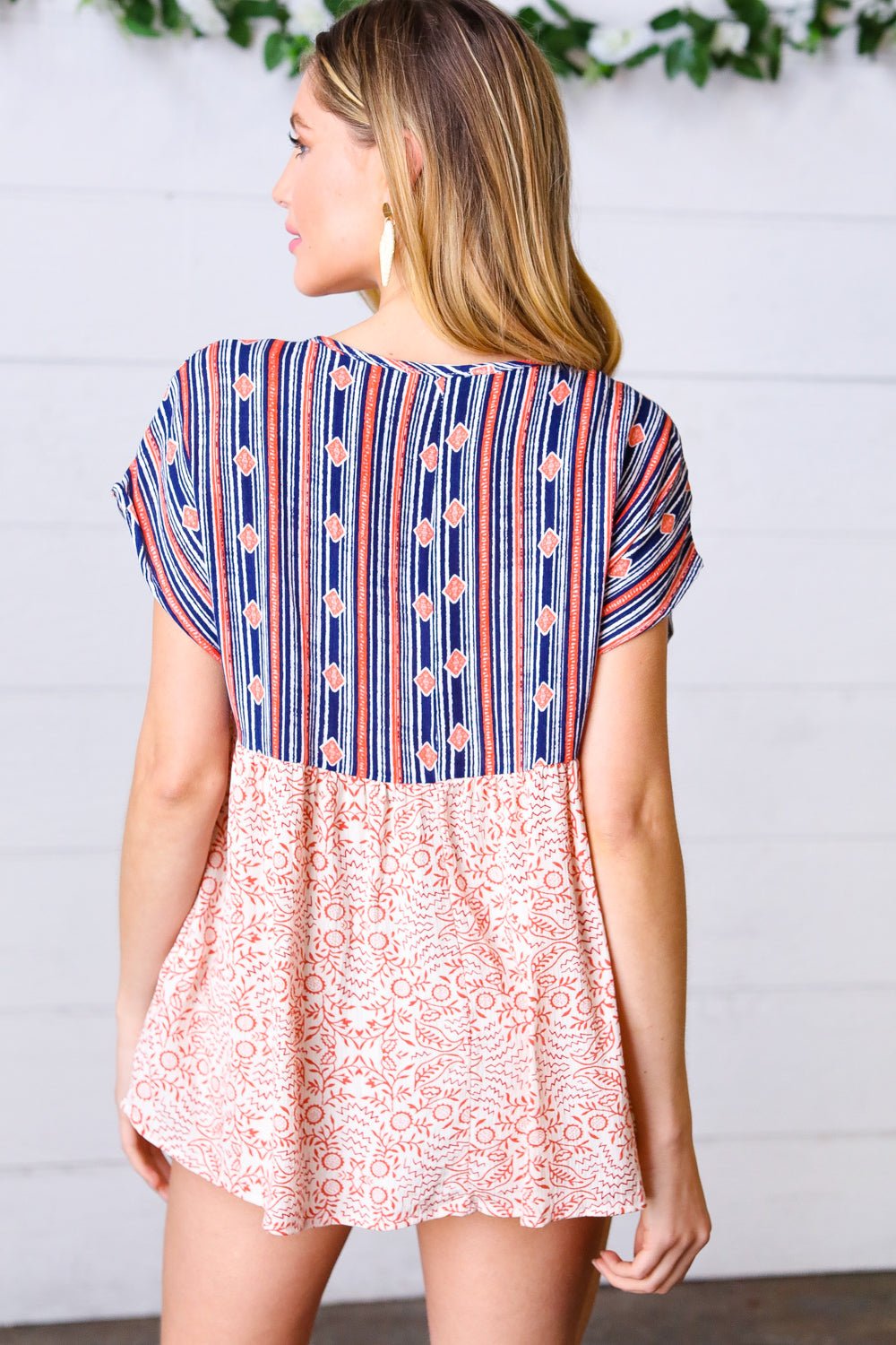 Navy & Coral Boho Tie Neck Dolman Top - Bitsy Gypsy Boutique