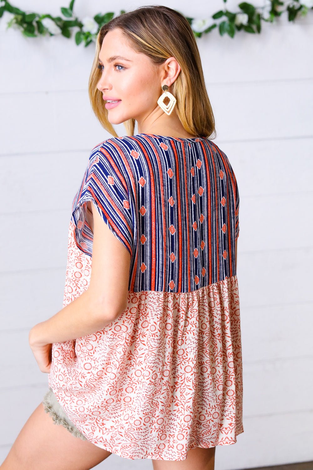 Navy & Coral Boho Tie Neck Dolman Top - Bitsy Gypsy Boutique