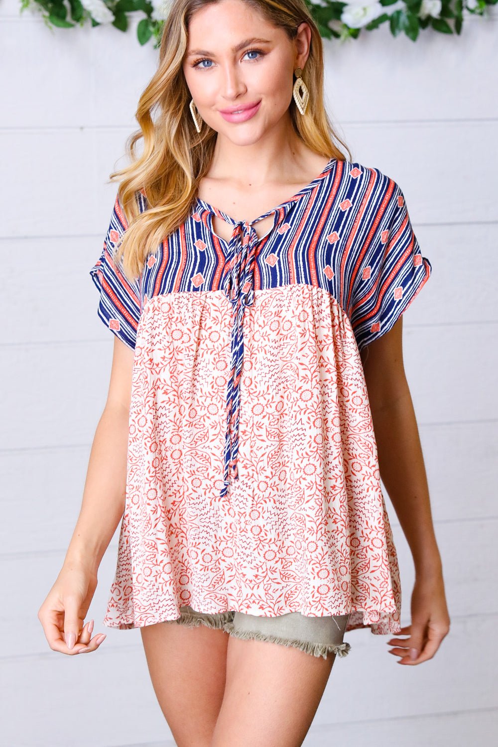 Navy & Coral Boho Tie Neck Dolman Top - Bitsy Gypsy Boutique