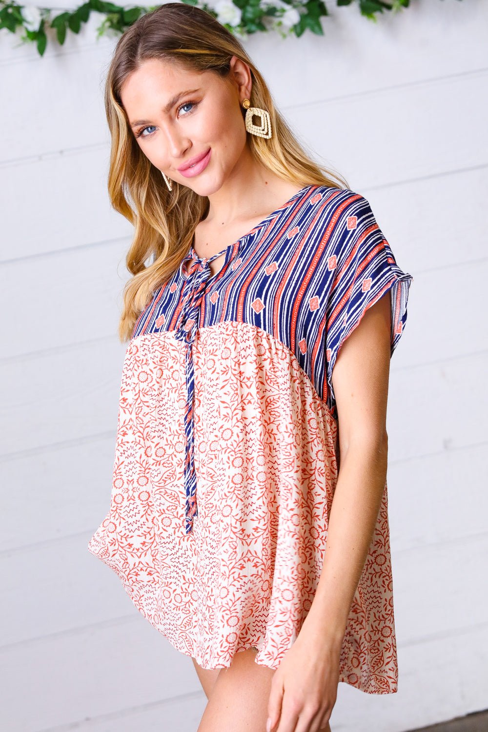 Navy & Coral Boho Tie Neck Dolman Top - Bitsy Gypsy Boutique