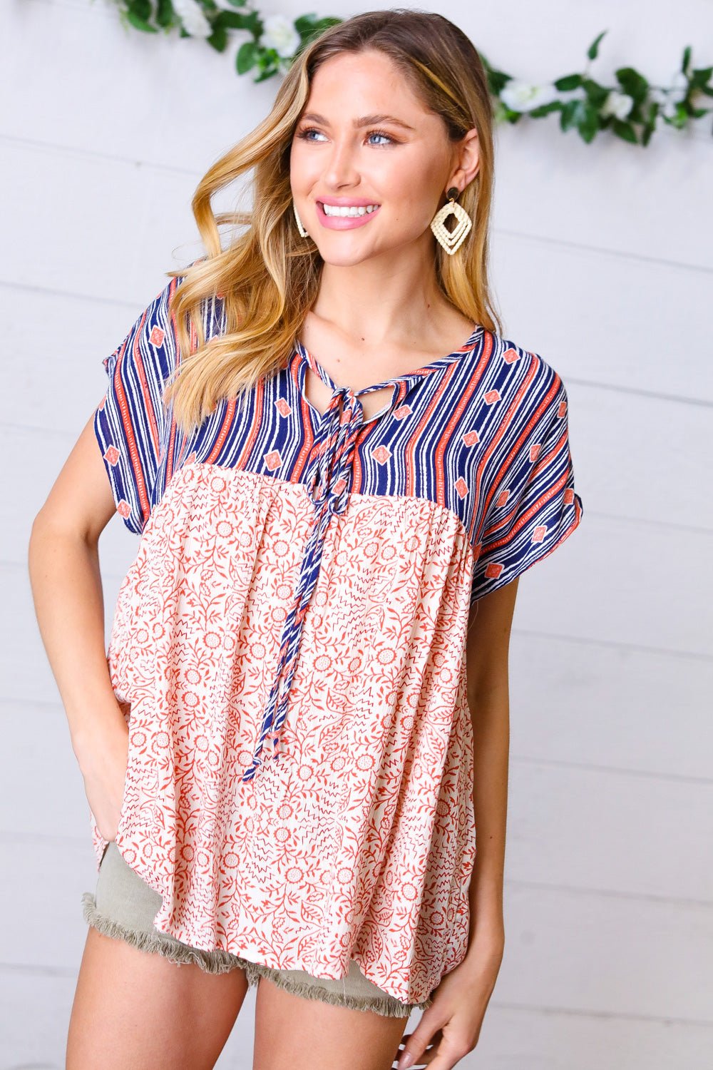 Navy & Coral Boho Tie Neck Dolman Top - Bitsy Gypsy Boutique