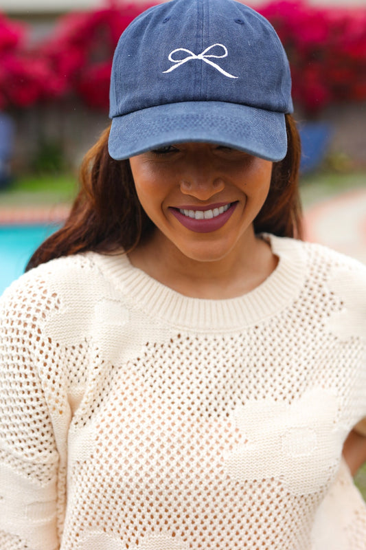 Navy Embroidered Bow Baseball Cap - Bitsy Gypsy Boutique