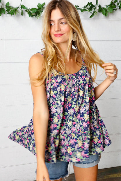 Navy Floral Ruffle Hem Sleeveless Top - Bitsy Gypsy Boutique