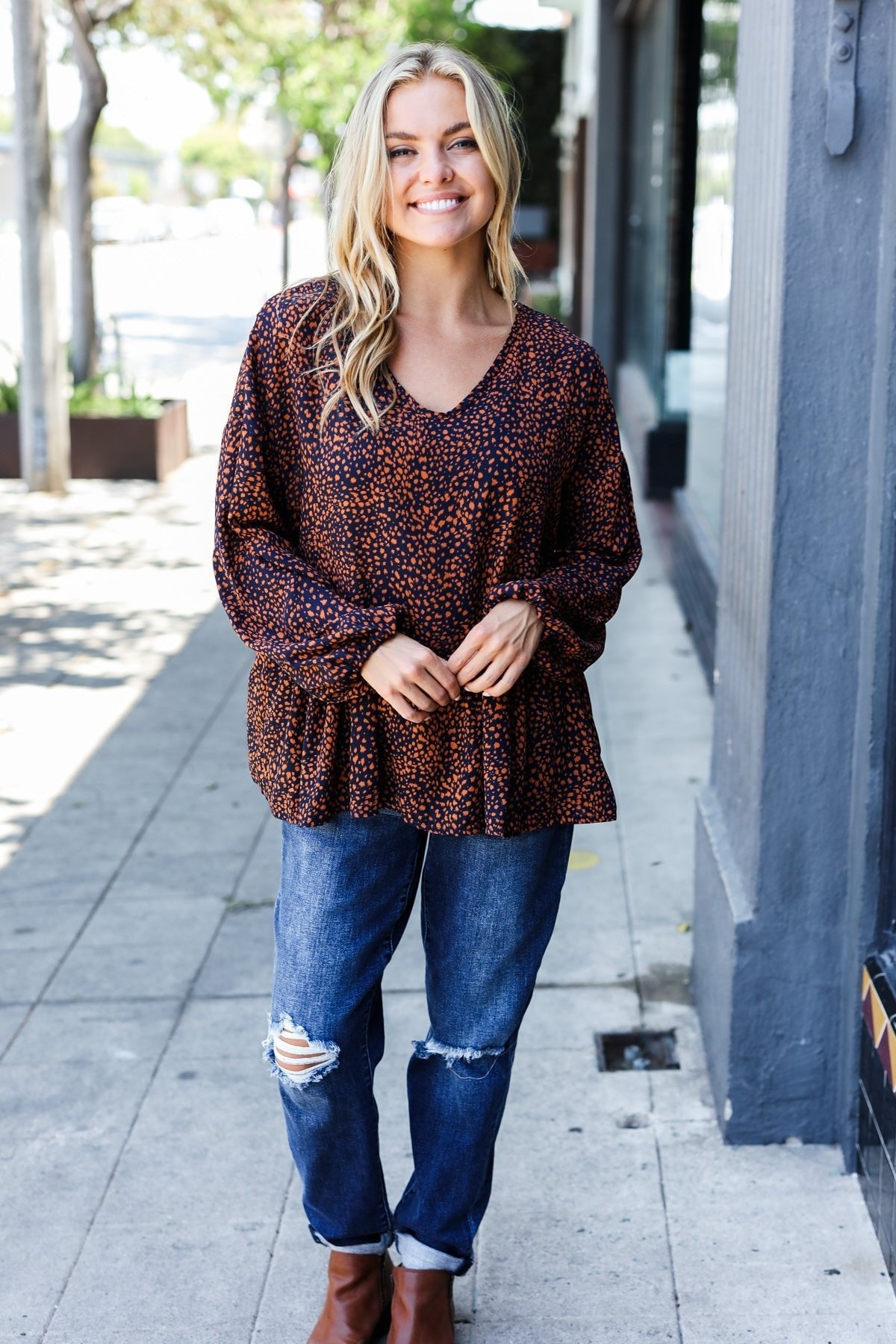 Navy & Rust Leopard Woven Babydoll Top - Bitsy Gypsy Boutique