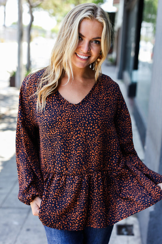Navy & Rust Leopard Woven Babydoll Top - Bitsy Gypsy Boutique