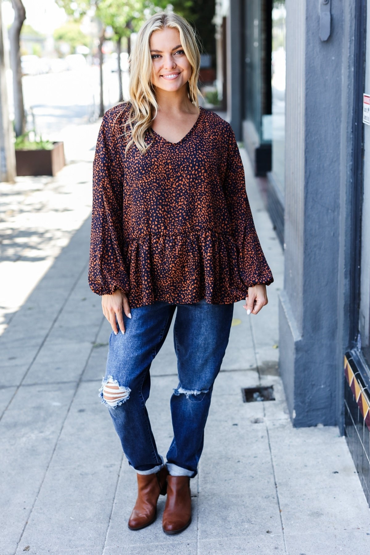 Navy & Rust Leopard Woven Babydoll Top - Bitsy Gypsy Boutique