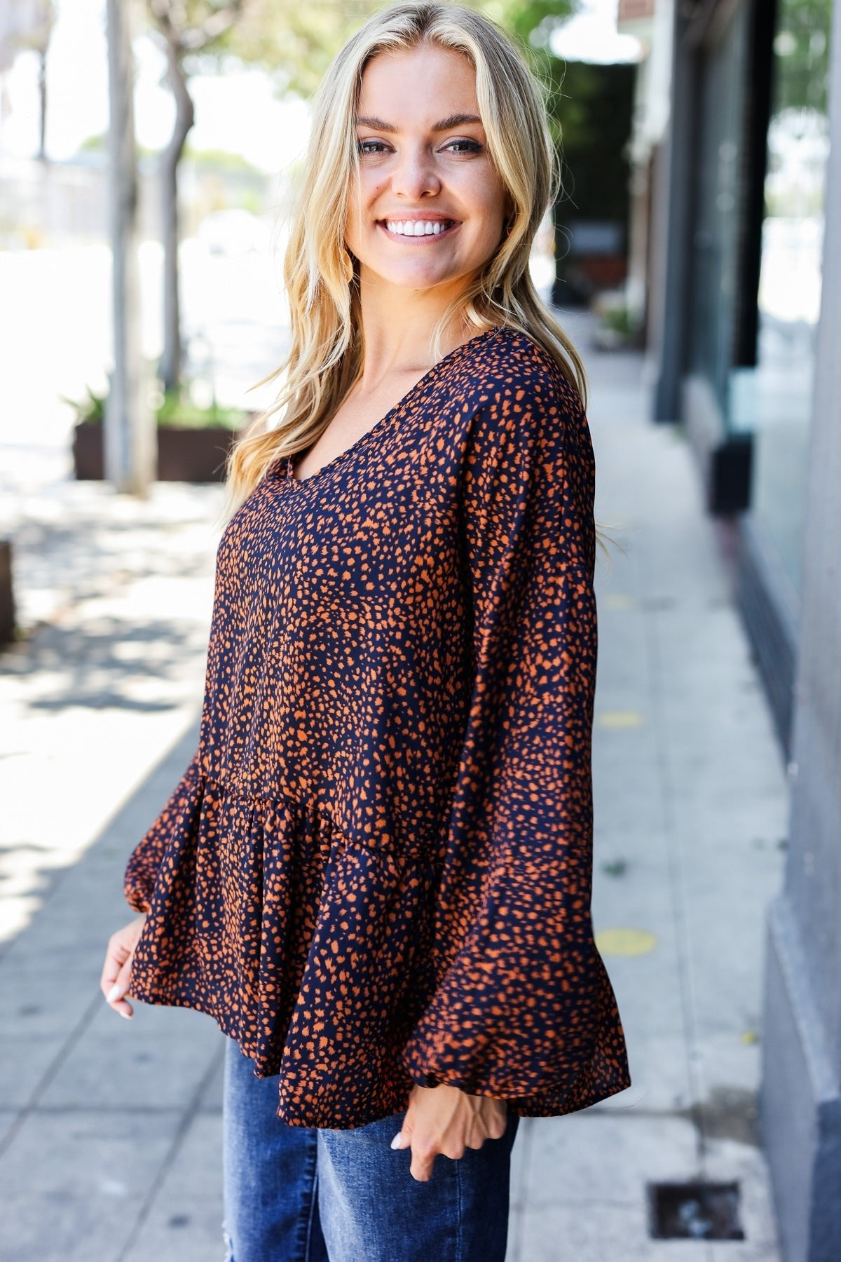 Navy & Rust Leopard Woven Babydoll Top - Bitsy Gypsy Boutique