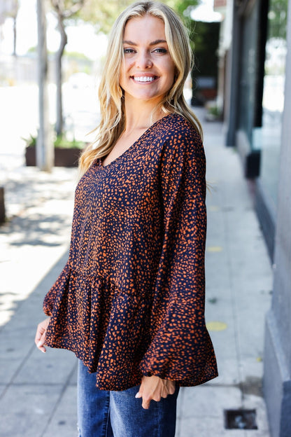 Navy & Rust Leopard Woven Babydoll Top - Bitsy Gypsy Boutique