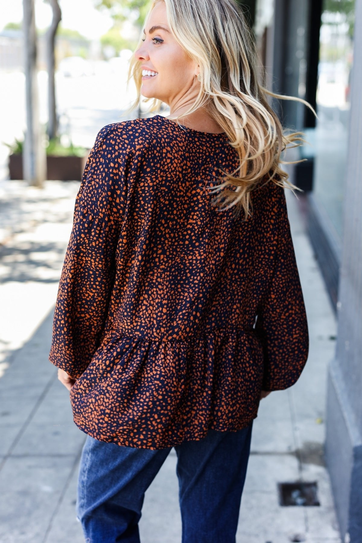 Navy & Rust Leopard Woven Babydoll Top - Bitsy Gypsy Boutique