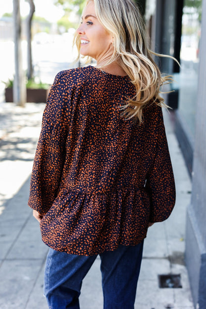 Navy & Rust Leopard Woven Babydoll Top - Bitsy Gypsy Boutique