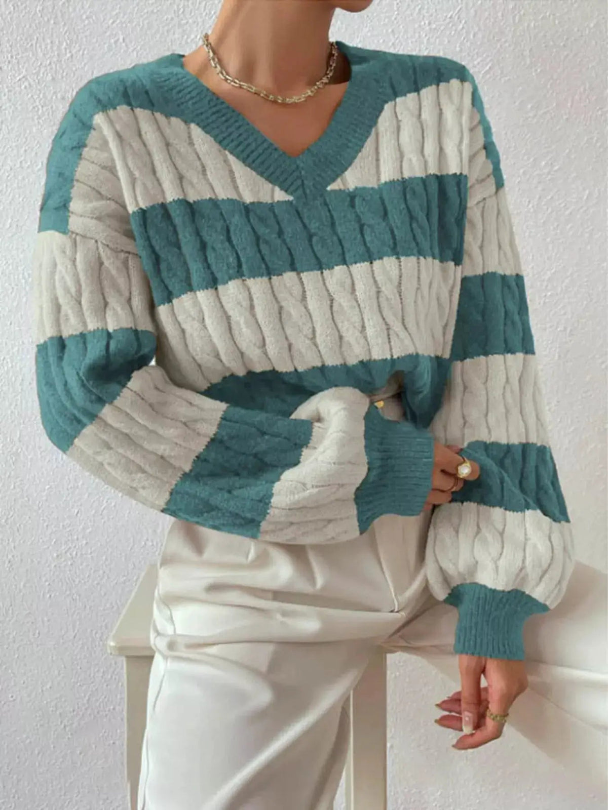 Navy Striped Cable Knit V-Neck Long Sleeve Sweater - Bitsy Gypsy Boutique