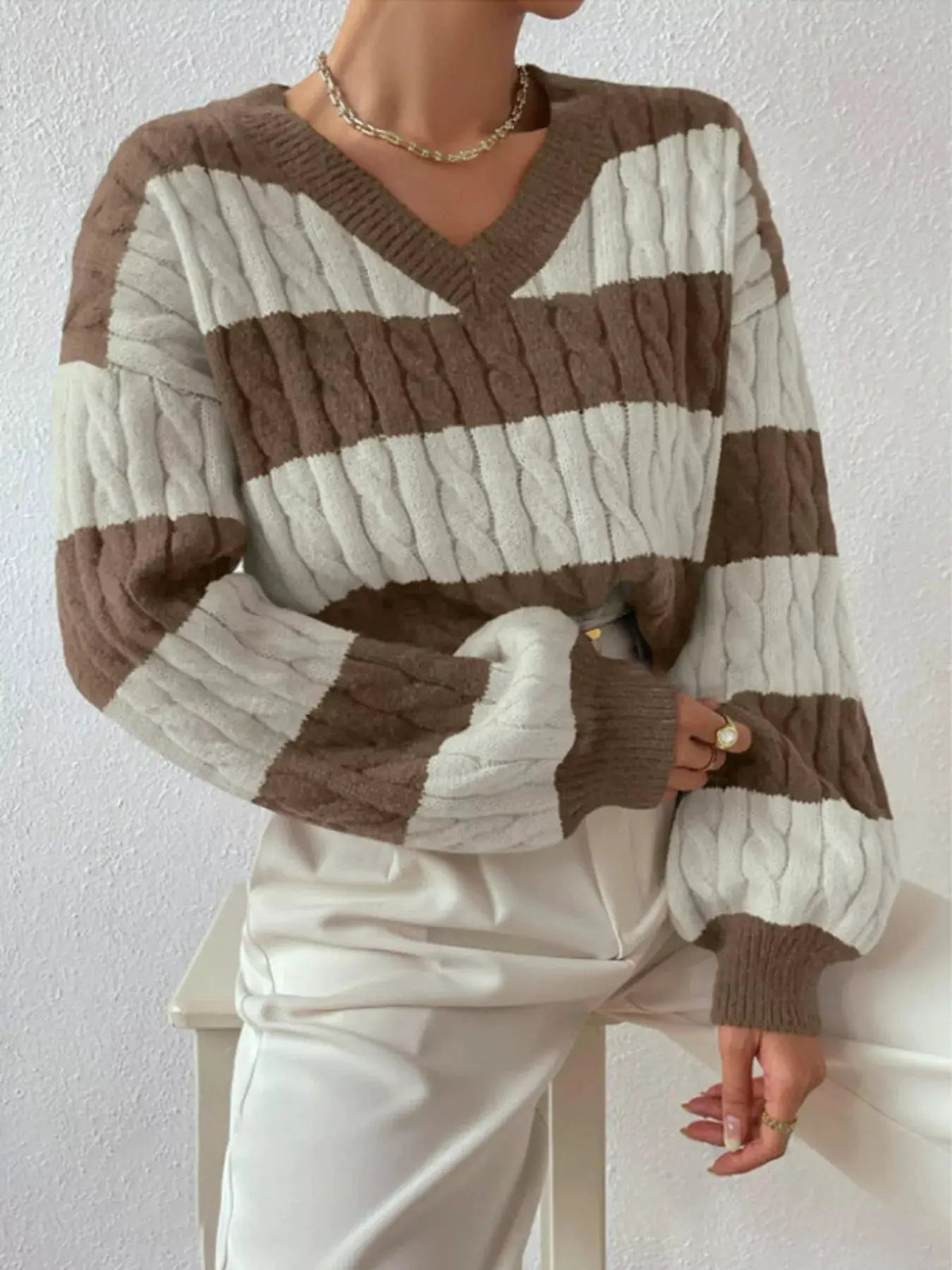 Navy Striped Cable Knit V-Neck Long Sleeve Sweater - Bitsy Gypsy Boutique