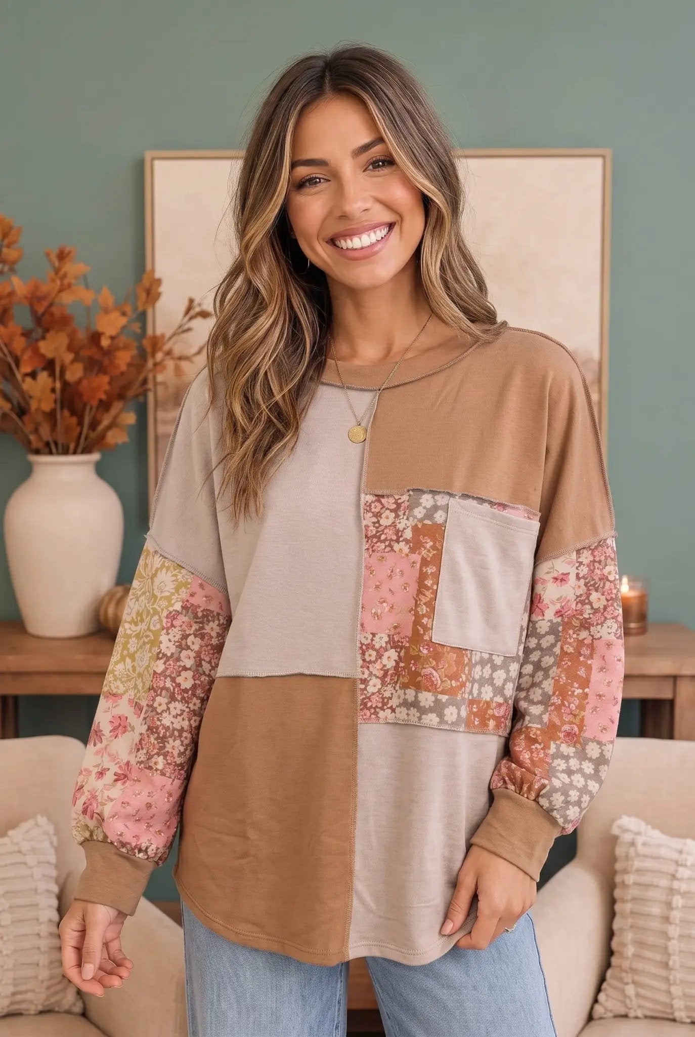 Neapolitan Patchwork Floral Colorblock Pullover by Haptics