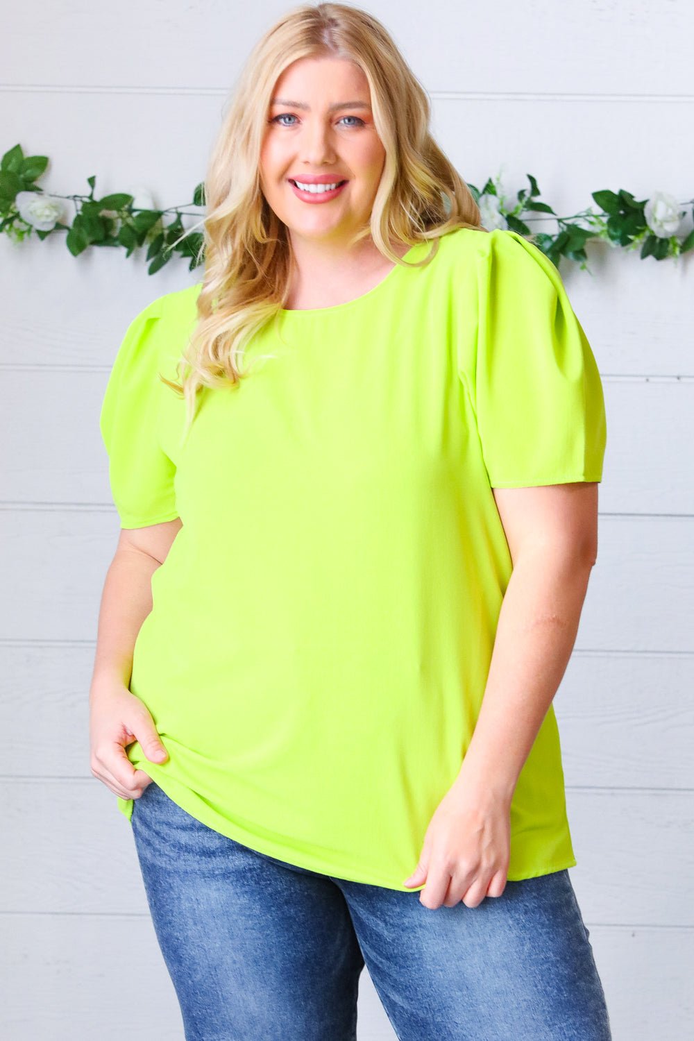 Neon Green Round Neck Puff Sleeve Crepe Top - Bitsy Gypsy Boutique