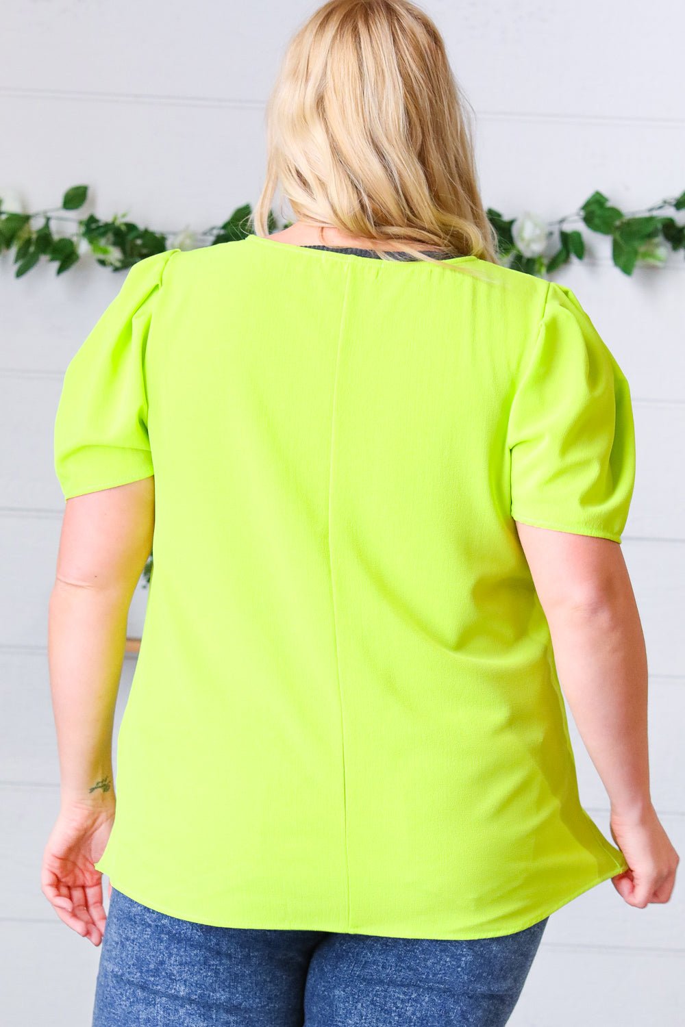 Neon Green Round Neck Puff Sleeve Crepe Top - Bitsy Gypsy Boutique