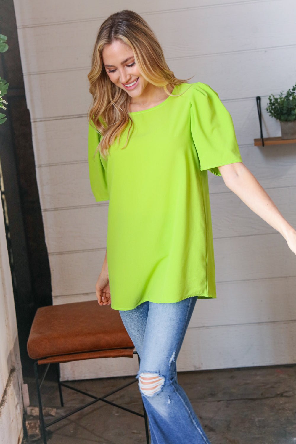 Neon Green Round Neck Puff Sleeve Crepe Top - Bitsy Gypsy Boutique