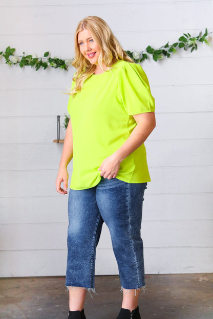 Neon Green Round Neck Puff Sleeve Crepe Top - Bitsy Gypsy Boutique